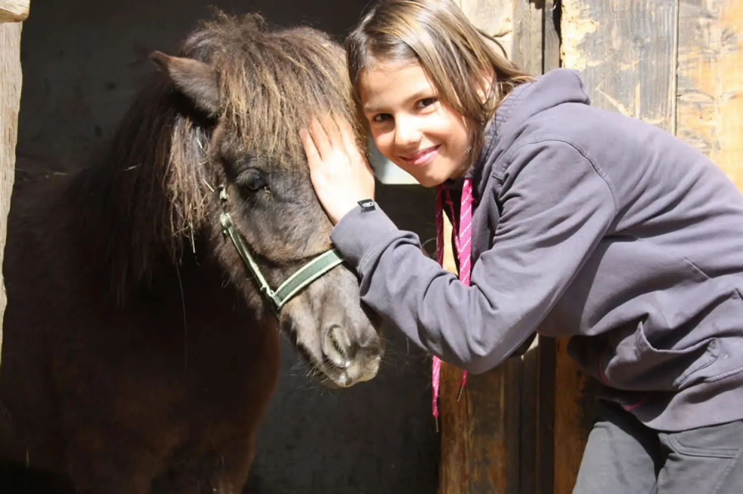 Ein Mädchen schmiegt sich an ein Pony der Alpenranch